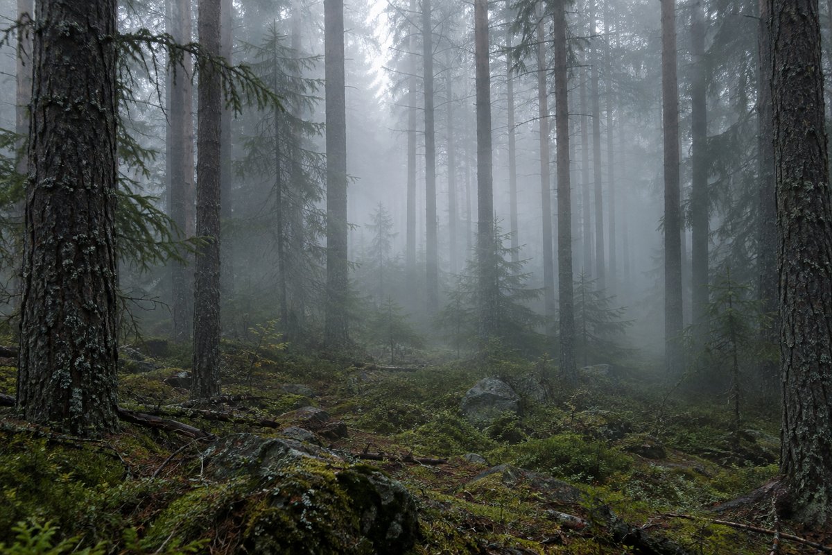 Kabus antara batang pinus, tanpa figura